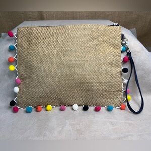 Viv&Lou Multi-Colored PomPom Burlap Clutch Detachable Wrist Strap